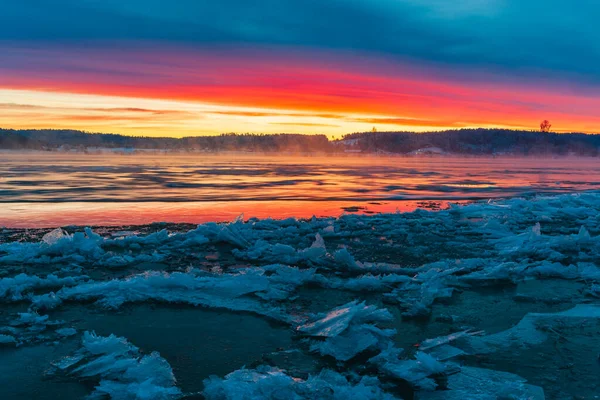 Lever Soleil Coloré Rivière Glacée — Photo