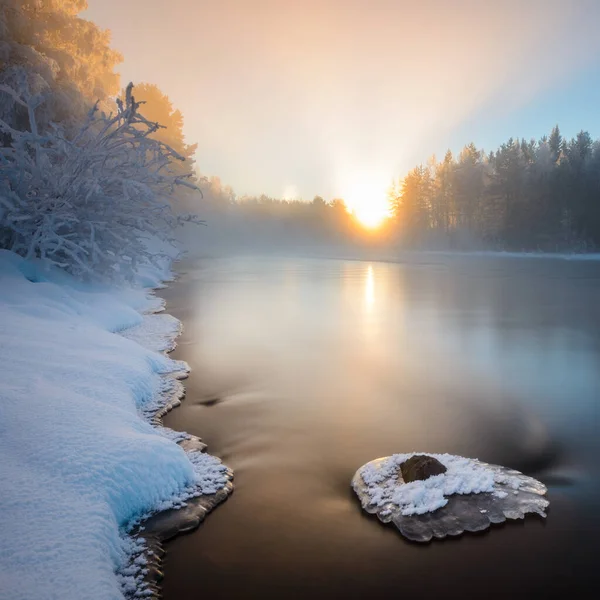 Manhã Enevoada Junto Rio Inverno — Fotografia de Stock