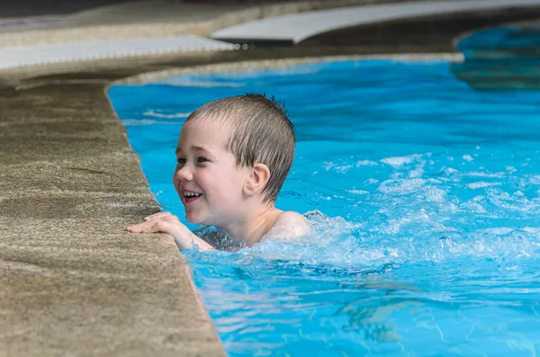 Happy Young Boy Swimming Pool — Stok fotoğraf