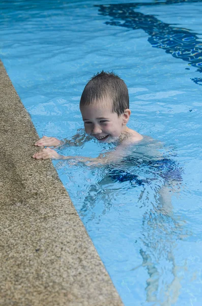 Happy Young Boy Swimming Pool — Stok fotoğraf