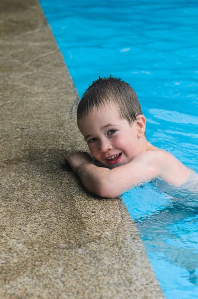 Happy Young Boy Swimming Pool — Stok fotoğraf