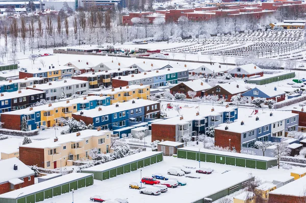 Snow covered residential area in swedish town