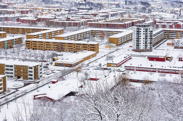 Snow covered residential area in a Swedish town