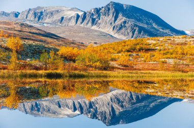 Norveç, sonbahar manzarasında dağların ve ağaçların yansıması.