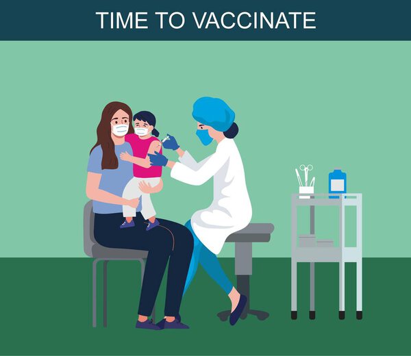 Children vaccination concept for immunity health. Doctor pediatrician makes an injection of flu vaccine to a kid in hospital. prevention and immunize.