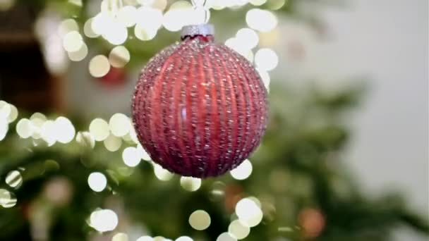Kırmızı Parlak Bir Noel Ağacı Süsü Bir Yılbaşı Ağacında Parlayan — Stok video