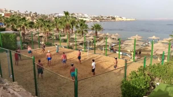 Pessoas turistas com queimaduras solares de volta joga vôlei na praia de mar vermelho em Sharm El Sheikh em Savoy e sierra hotel — Vídeo de Stock