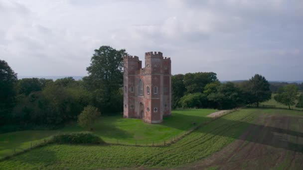 Belvedere Tower Över Powderham Park Från Drönare Powderham Castle Exeter — Stockvideo