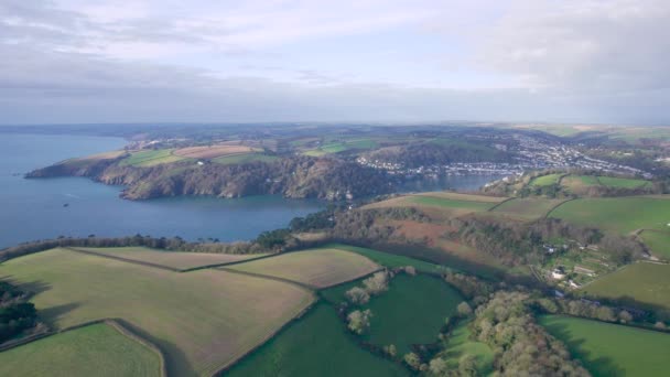Top View River Dart Fields Sobre Kingswear Dartmouth Drone Devon — Vídeo de Stock