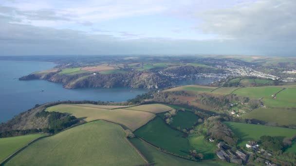 Top View River Dart Fields Sobre Kingswear Dartmouth Drone Devon — Vídeo de Stock