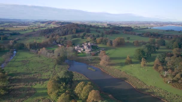 Panorama Powderham Castle Park Από Drone Φθινόπωρο Colors Exeter Devon — Αρχείο Βίντεο