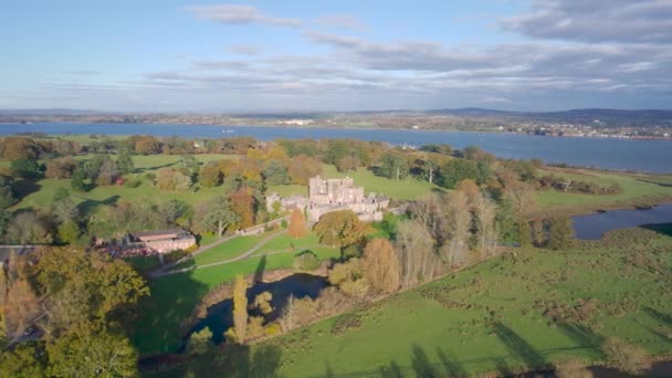 Panorama Sobre Powderham Castle Park Desde Dron Autumn Colors Exeter — Vídeos de Stock
