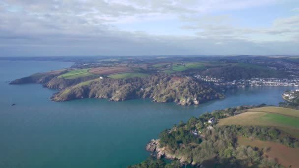 Top View River Dart Fields Kingswear Dartmouth Drone Devon England — Stock video