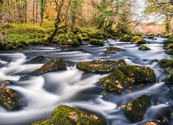 Jesienne Kolory Nad Rzeką Dartem Długiej Ekspozycji Dartmoor Park Devon — Zdjęcie stockowe