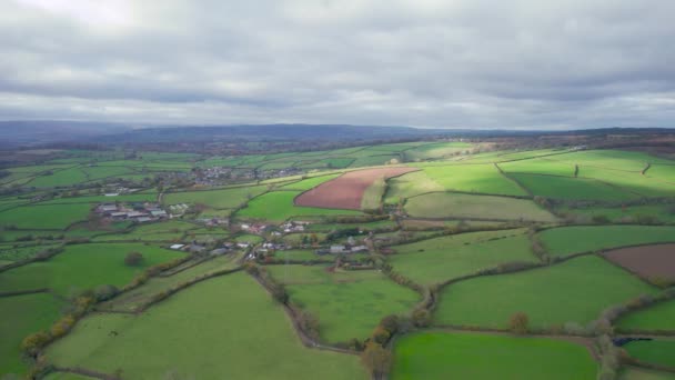 English Village Farmlands Meadows Drone Devon England — Stock video