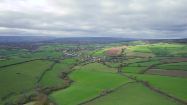 English Village Farmlands Meadows Drone Devon England — Stock video