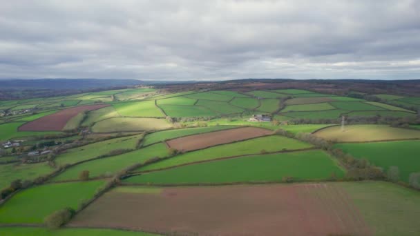 English Village Farmlands Meadows Drone Devon England — Stockvideo