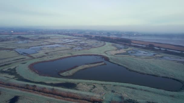 Misty Sunrise Wetlands Louky Rspb Exminster Powderham Marshe Drone Exeter — Stock video