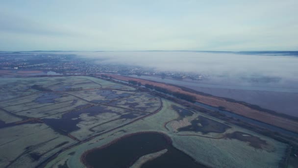 Misty Sunrise Wetlands Meadows Rspb Exminster Powderham Marshe Drone Exeter — Vídeo de Stock