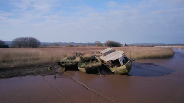 Old Boat Wrecks River Exe Topsham Από Ένα Drone Exeter — Αρχείο Βίντεο