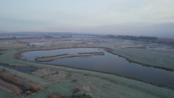 Misty Sunrise Wetlands Meadows Rspb Exminster Powderham Marshe Drone Exeter — Vídeo de stock