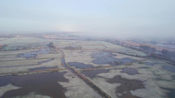 Misty Sunrise Wetlands Meadows Rspb Exminster Powderham Marshe Drone Exeter — Vídeo de stock