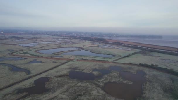 Misty Sunrise Wetlands Meadows Rspb Exminster Powderham Marshe Drone Exeter — Vídeo de Stock