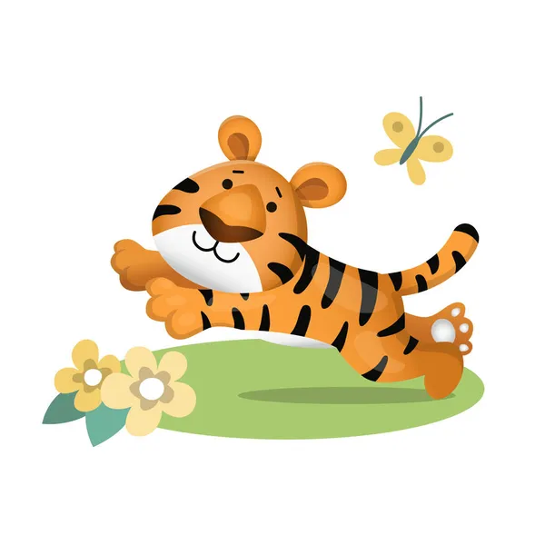 Lindo Tigre Dibujos Animados Corriendo Detrás Mariposa Saltando Ilustración Vectorial — Archivo Imágenes Vectoriales