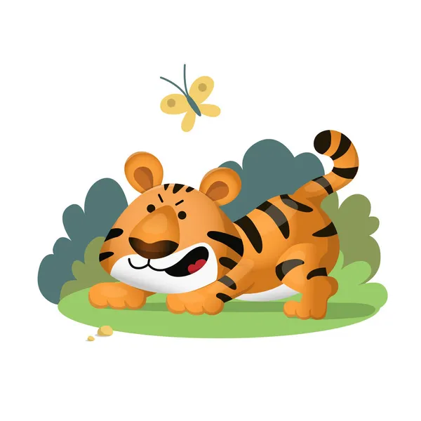 Χαριτωμένο Τίγρη Κινουμένων Σχεδίων Βρυχάται Θυμωμένος Και Προσποιείται Ότι Είναι — Διανυσματικό Αρχείο