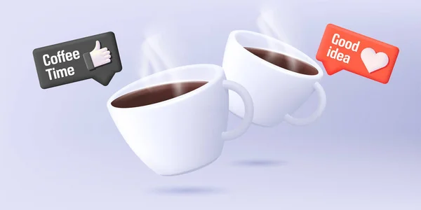 3d illustratie van twee kopjes met koffie in banner compositie met social media iconen van gelijke — Stockvector