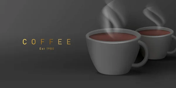 Koffie banner, zwarte 3D illustratie van hete zwarte koffie met stoom in zwarte mok — Stockvector