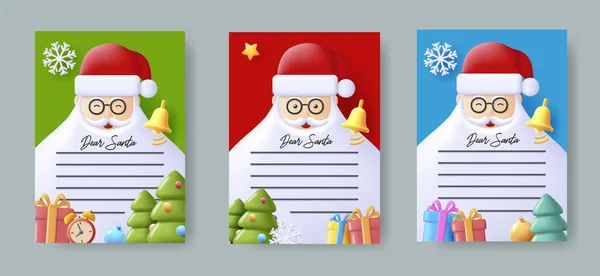 Set templat surat ke Santa Claus dengan baris untuk pesan di jenggotnya, 3d ornamen objek suasana hati Natal Stok Vektor