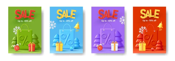 Σύνολο της πώλησης φυλλάδια με 3D απεικόνιση της μεγάλης τσάντας αγορών μεταξύ χριστουγεννιάτικα δέντρα και δώρα, μοντέρνα μονόχρωμη απόδοση γραφικών — Διανυσματικό Αρχείο