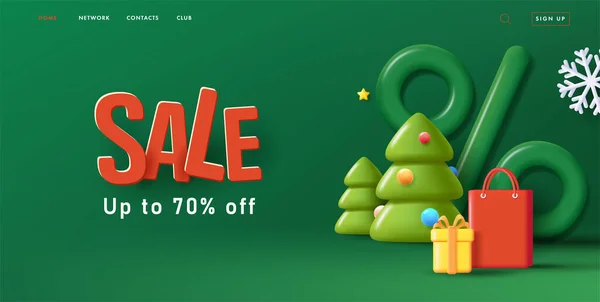 Julförsäljning affisch med 3d render sammansättning av stora procent tecken och julgran med presentförpackning och shoppingväska, på mörkgrön bakgrund — Stock vektor