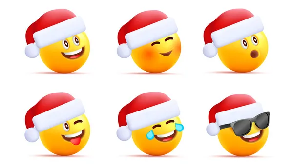 Conjunto Caras Redondas Amarillas Los Sombreros Navidad Santa Diferentes Emociones — Vector de stock