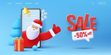 Noel Baba 'nın hediye kutusuyla çıktığı 3D akıllı telefon resimli mavi afiş, indirimli indirimli mesaj.