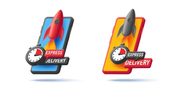 3D ілюстрація смартфона з секундоміром і ракетою, що літає з екрану з експрес-повідомленням про доставку, іконки в двох кольорах — стоковий вектор