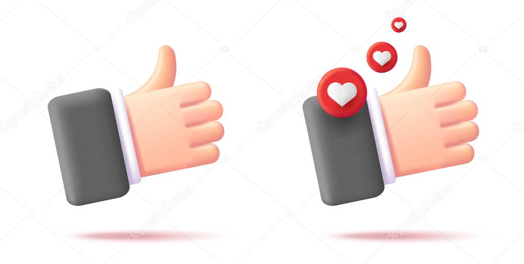 3d illustration of a businessman heand with thumb up and hearts in red circles