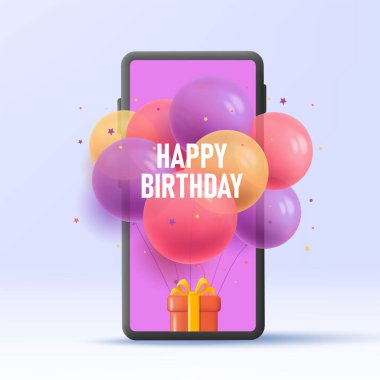 İçinde hediye kutusu ve bir sürü balon olan akıllı bir telefonun üç boyutlu çizimi ve ekranın dışına uçmak, sanal doğum günü yeşillendirmesi.