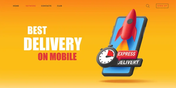 Banner web com ilustração 3d de smartphone com foguete e cronômetro para empresa de entrega — Vetor de Stock