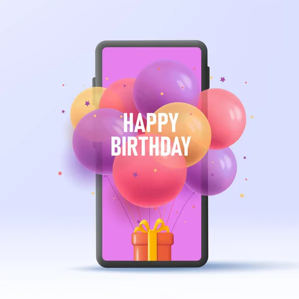 Ilustração 3d de um smartphone com caixa de presente dentro e monte de balões ligados a ele e voar para fora da tela, verde aniversário virtual —  Vetores de Stock