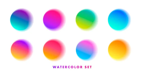 Uppsättning akvarell färg halv transparent borste prover av färg cirklar av alla färggradienter — Stock vektor