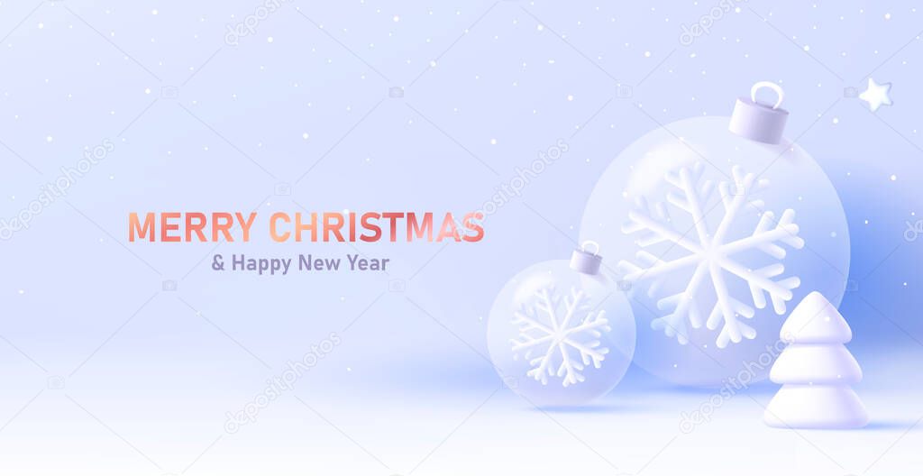 Christmas illustration of white Christmas balls with snowflake and tree on light snow landscape with golden text
