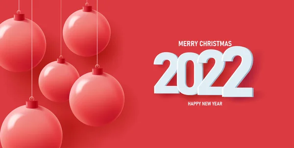 クリスマスと新しい年のポスターともに3d赤モノクロムボール上の赤い背景、大きな白い2022番号 — ストックベクタ