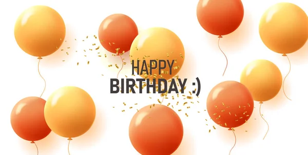 Happy Birthday Festive Background Red Orange Shaped Balloons Golden Confetti —  Vetores de Stock