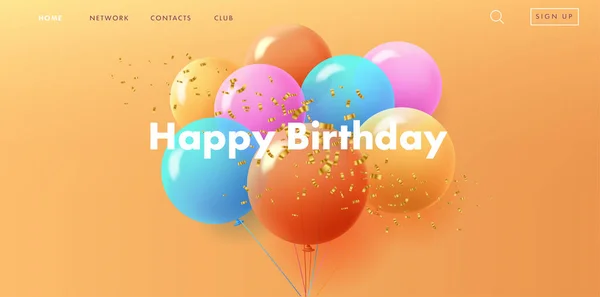Happy Birthday Festive Background Bunch Colorful Shaped Balloons Golden Confetti - Stok Vektor