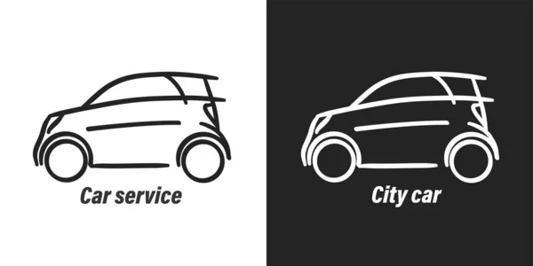 Black and white compact city car linear icon illustrations — Vettoriale Stock