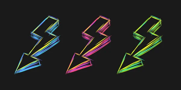 Lightning bolt neon line sketck illustration set in different colors — Stock Vector