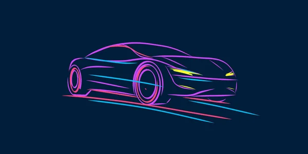 Silueta dynamického auta v liniích ilustrace. Jasné neonové linie modré a fialové na tmavém pozadí — Stockový vektor