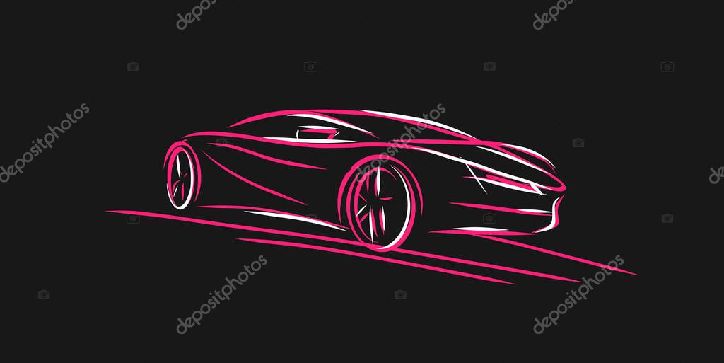 Dynamic super car silhouette in lines illustration. Bright red and white lines on black backdrop, front view, simple linear graphic